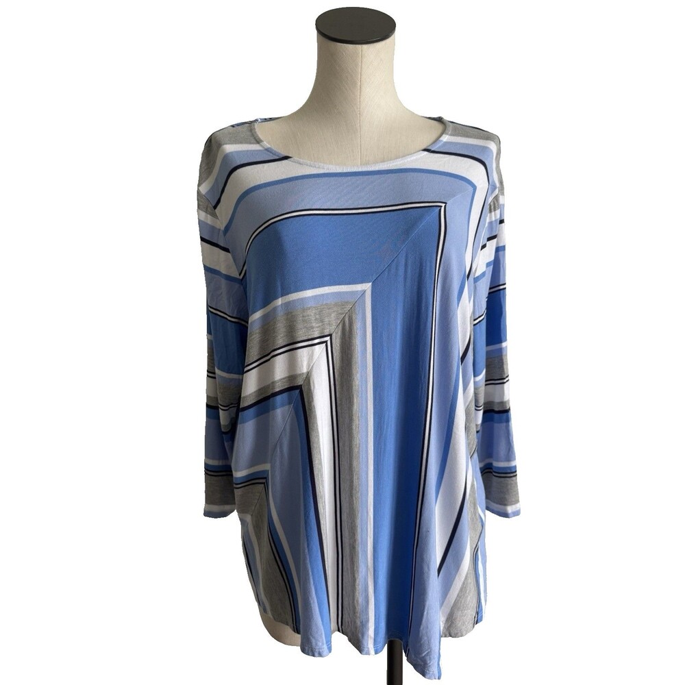 Alfred Dunner Woman Size 1X Spliced Striped Top 3/4 Sleeve Blue Gray Rayon